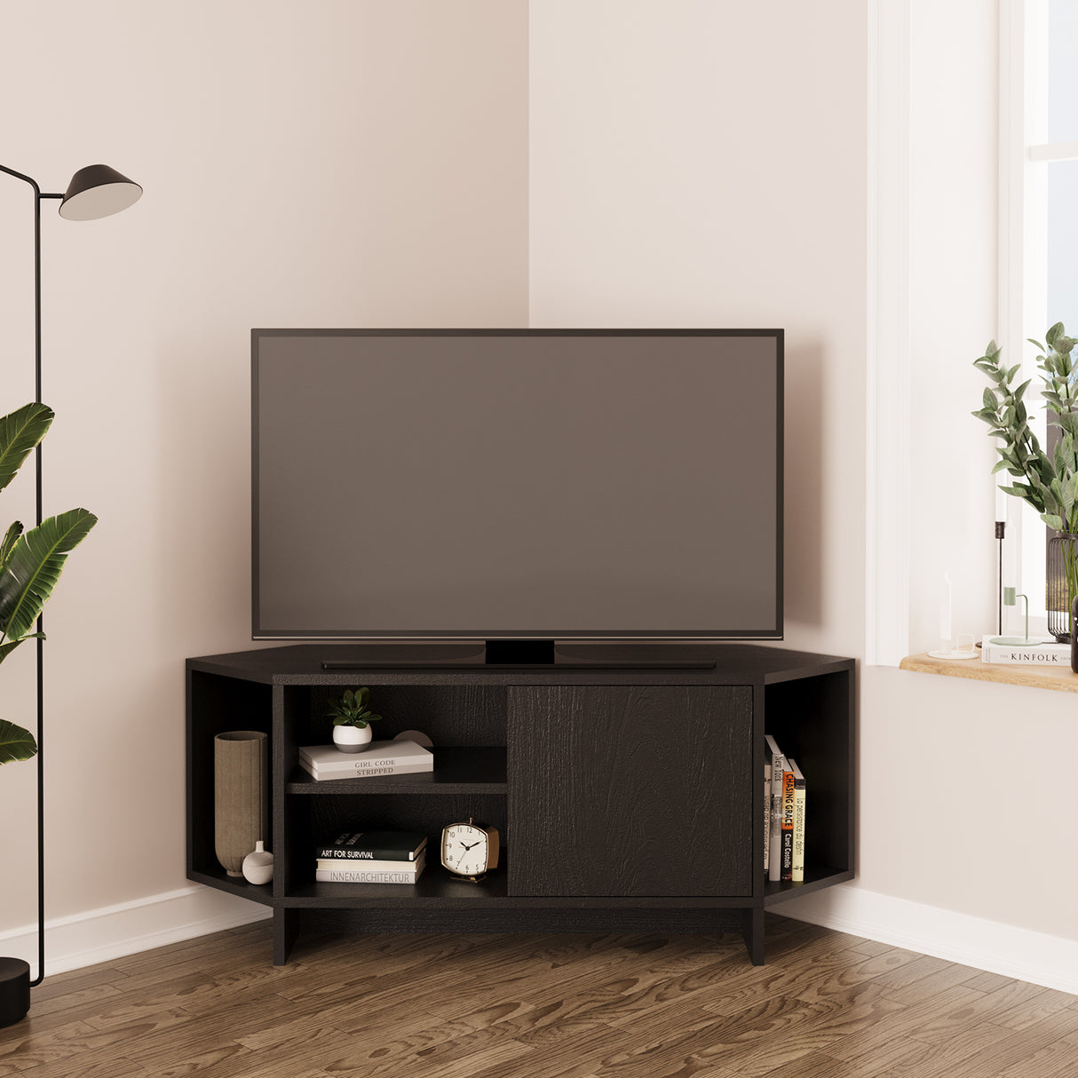 Bimossa B13 Teo Corner TV Stand – Space-Saving TV Unit for 43–48'' TVs, Compact Media Console with Open Shelves & Cabinet, Ready to Assemble, Available in 7 Colours