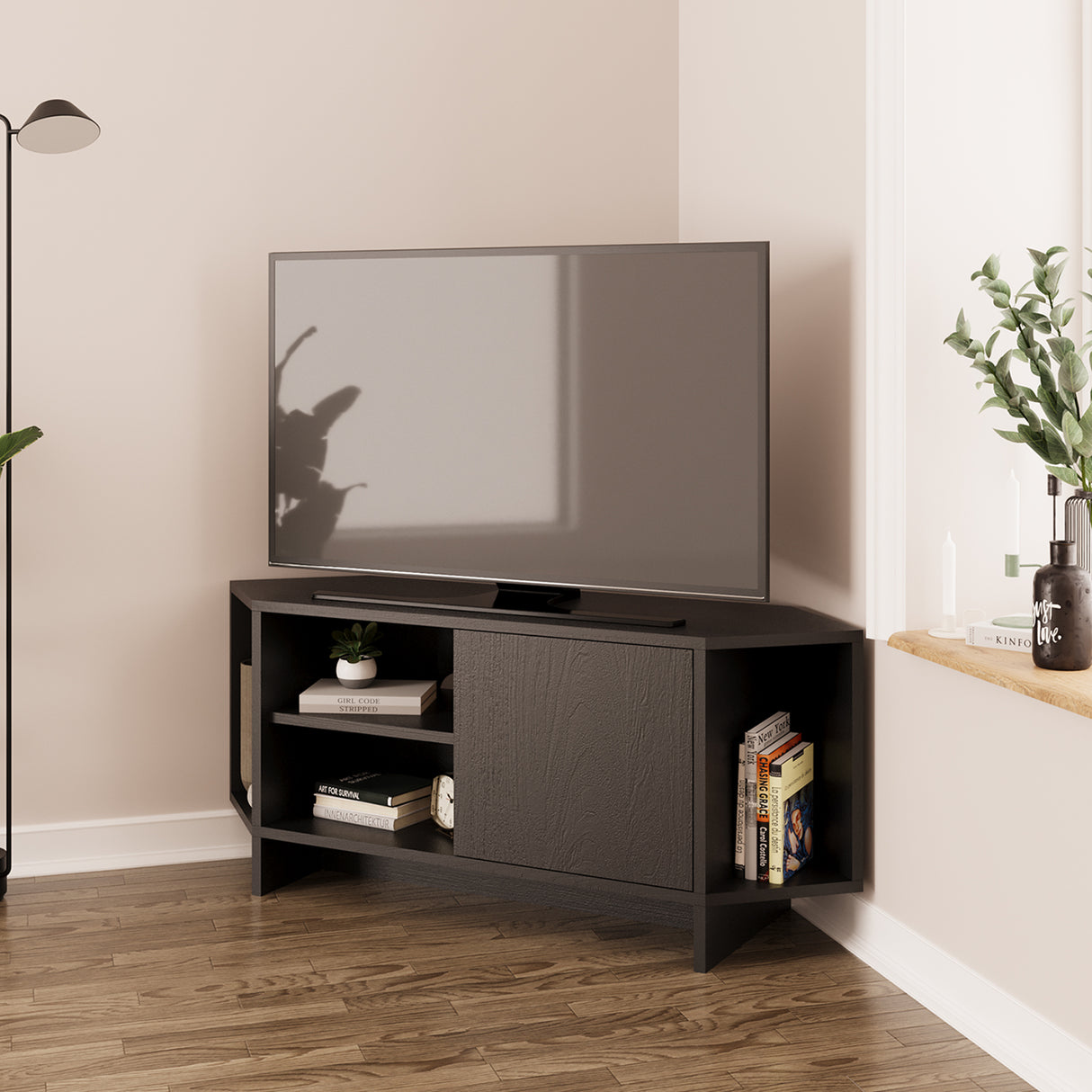 Bimossa B13 Teo Corner TV Stand – Space-Saving TV Unit for 43–48'' TVs, Compact Media Console with Open Shelves & Cabinet, Ready to Assemble, Available in 7 Colours