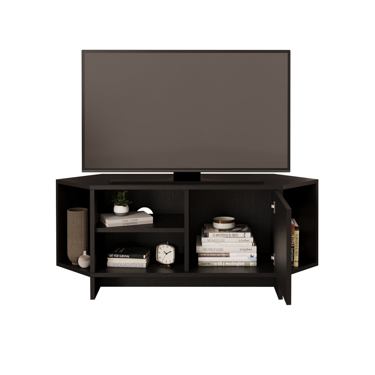Bimossa B13 Teo Corner TV Stand – Space-Saving TV Unit for 43–48'' TVs, Compact Media Console with Open Shelves & Cabinet, Ready to Assemble, Available in 7 Colours