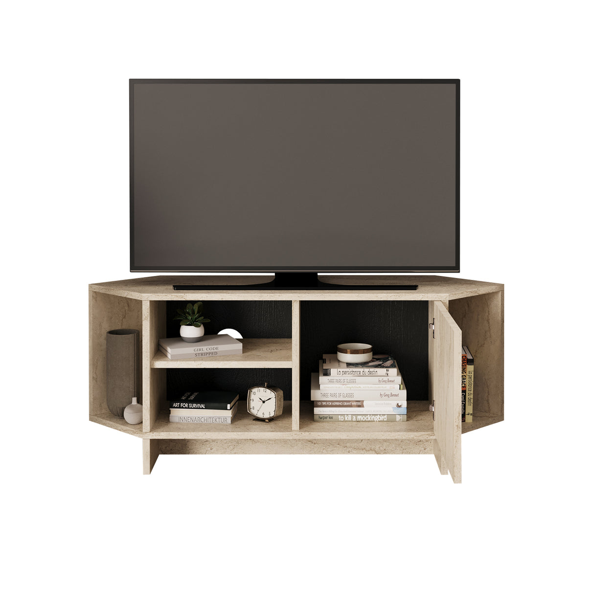 Bimossa B13 Teo Corner TV Stand – Space-Saving TV Unit for 43–48'' TVs, Compact Media Console with Open Shelves & Cabinet, Ready to Assemble, Available in 7 Colours
