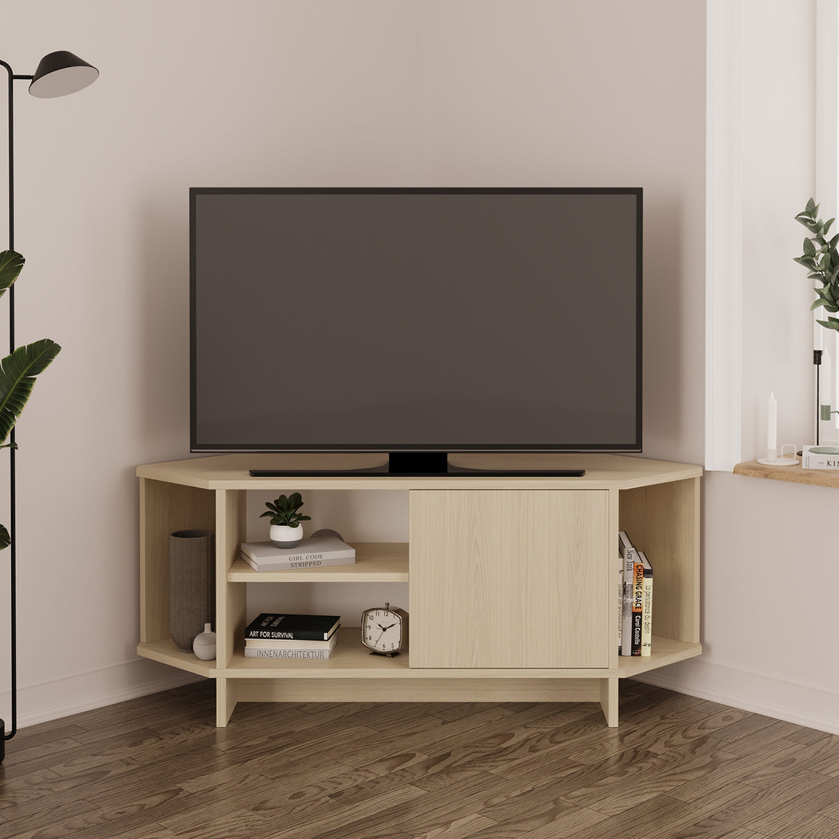 Bimossa B13 Teo Corner TV Stand – Space-Saving TV Unit for 43–48'' TVs, Compact Media Console with Open Shelves & Cabinet, Ready to Assemble, Available in 7 Colours