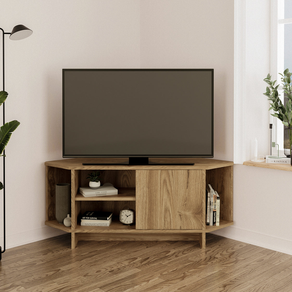 Bimossa B13 Teo Corner TV Stand – Space-Saving TV Unit for 43–48'' TVs, Compact Media Console with Open Shelves & Cabinet, Ready to Assemble, Available in 7 Colours
