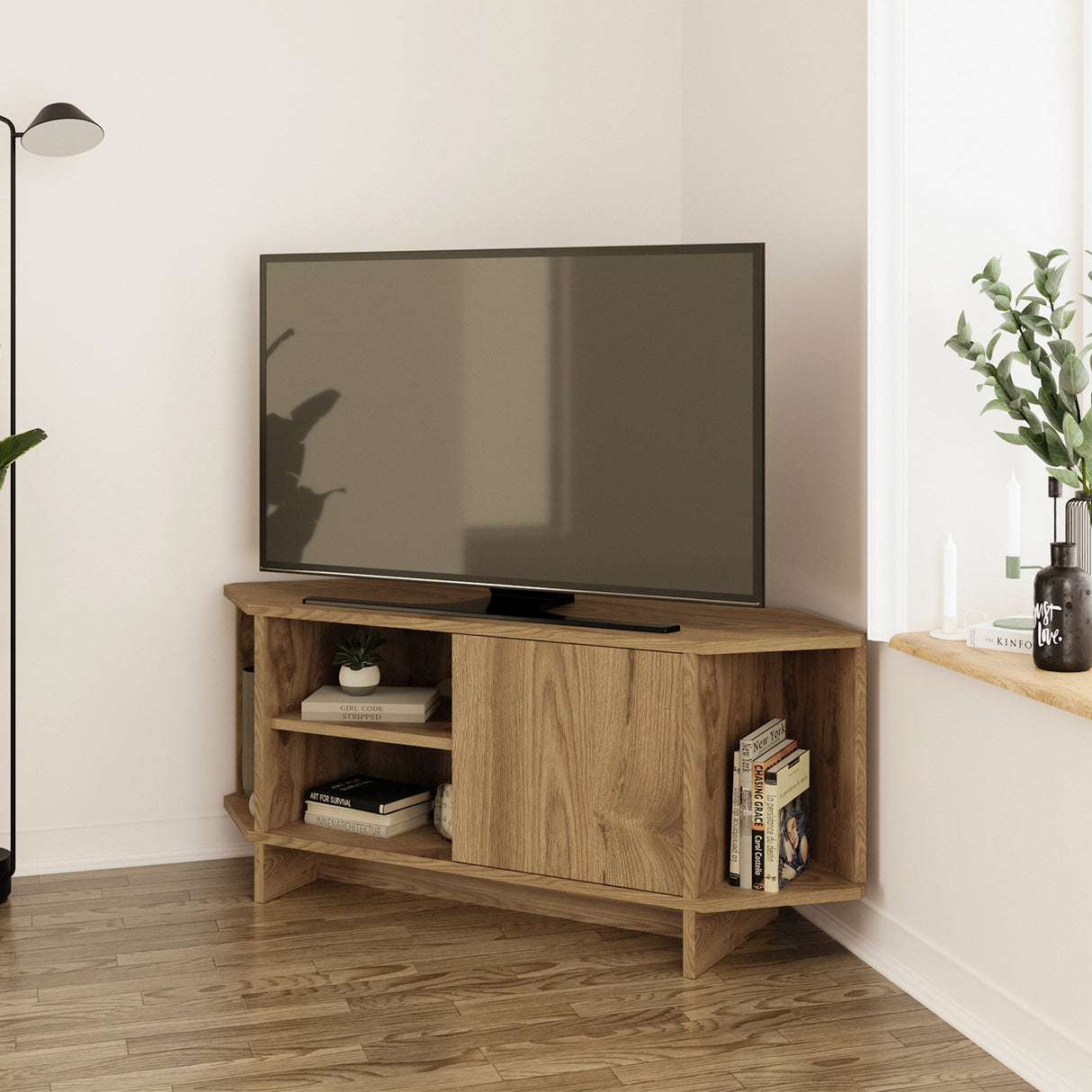 Bimossa B13 Teo Corner TV Stand – Space-Saving TV Unit for 43–48'' TVs, Compact Media Console with Open Shelves & Cabinet, Ready to Assemble, Available in 7 Colours