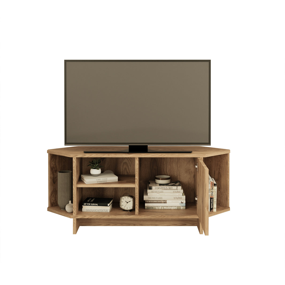 Bimossa B13 Teo Corner TV Stand – Space-Saving TV Unit for 43–48'' TVs, Compact Media Console with Open Shelves & Cabinet, Ready to Assemble, Available in 7 Colours
