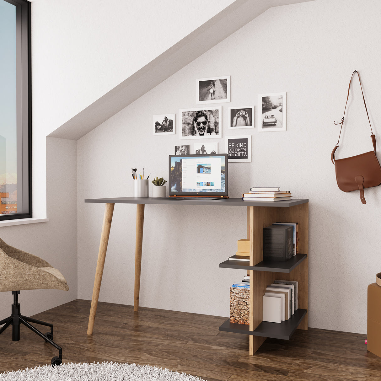 Bimossa S61 Violet Desk Oak - Light Grey & Oak - Anthracite Grey