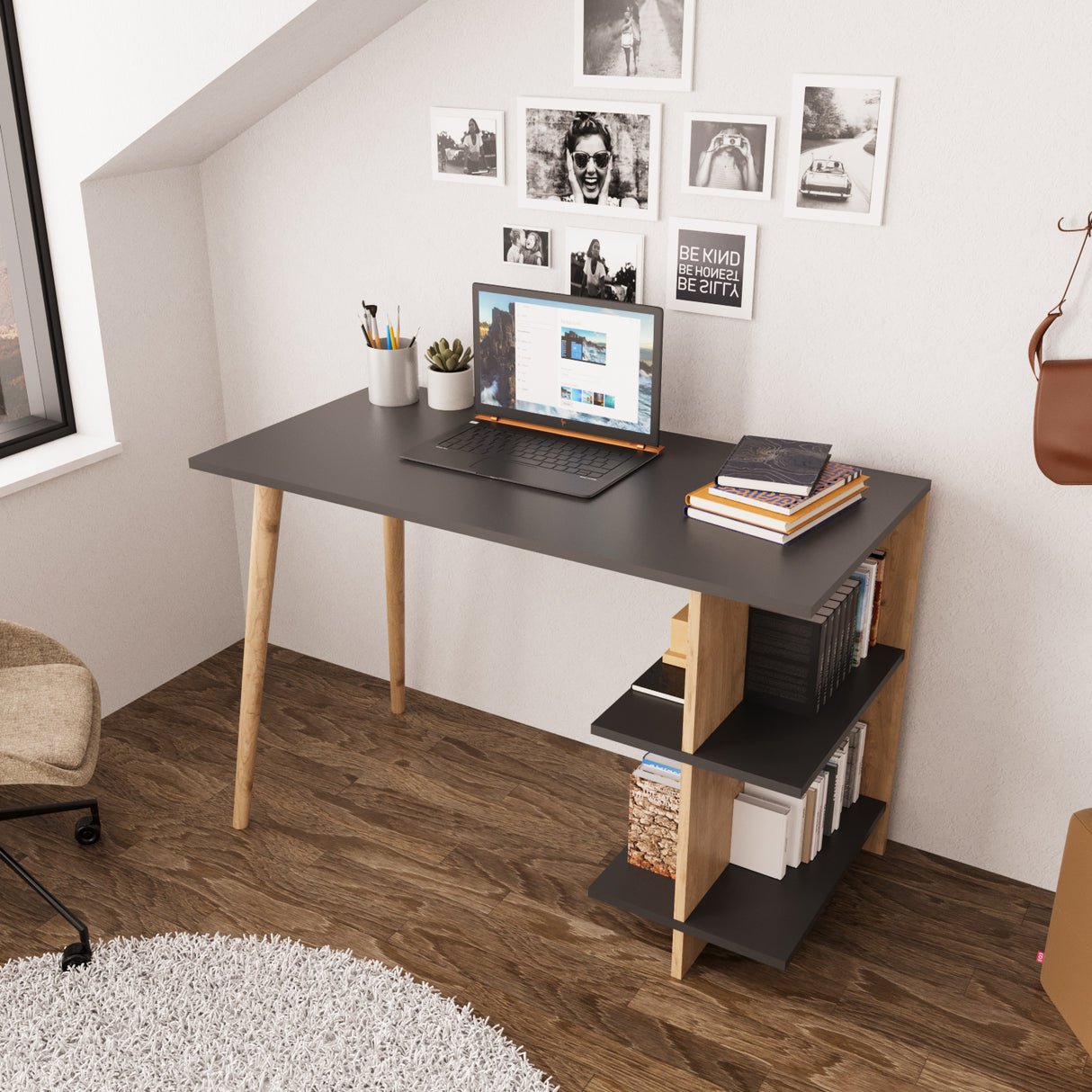 Bimossa S61 Violet Desk Oak - Light Grey & Oak - Anthracite Grey