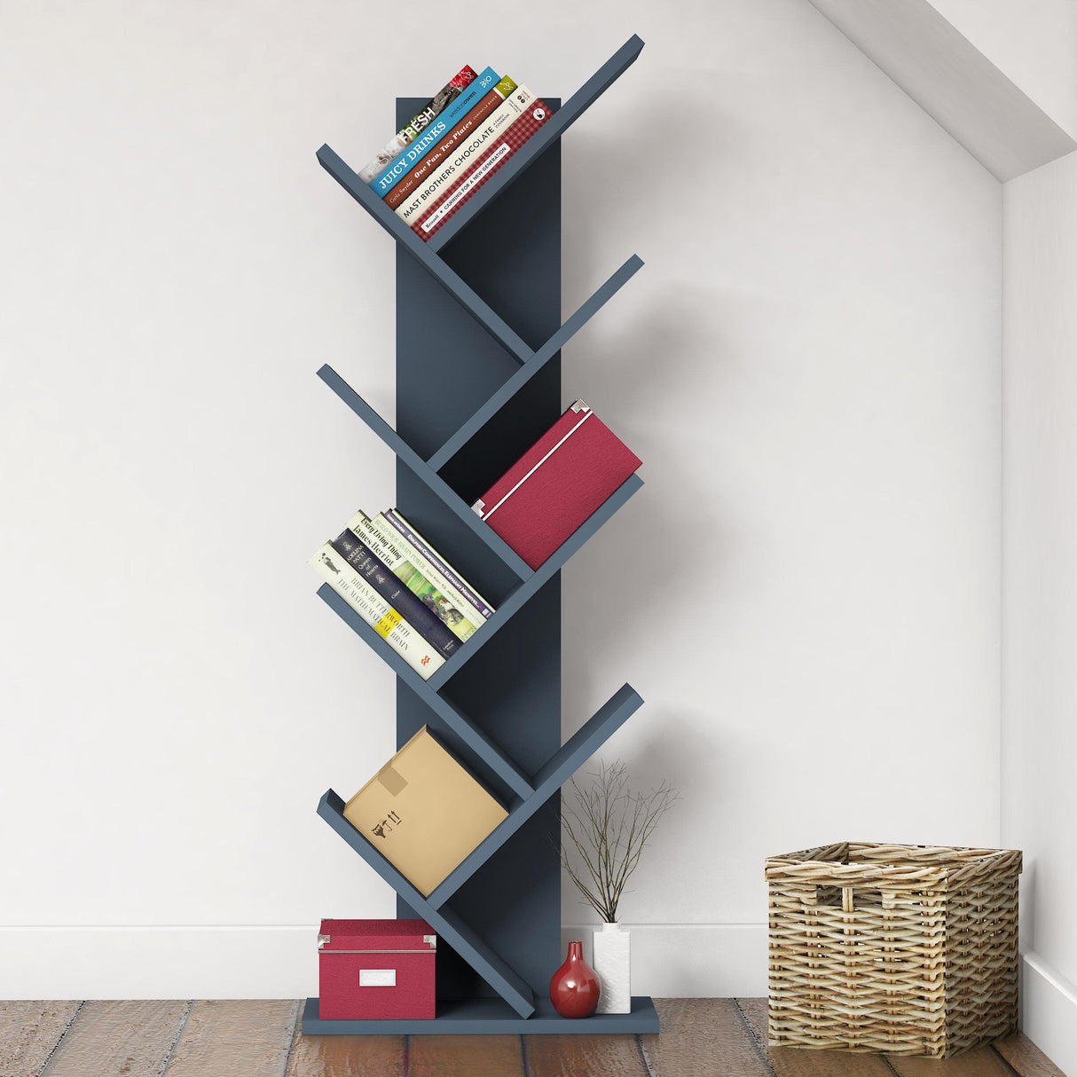 Bimossa W40 Hitit Tree Bookcase 128.5 cm - Modern Wooden Bookshelf/Tall Freestanding Book Shelf with Multi-Compartment Storage, Decorative Tree Bookshelf for Living Room, Office or Bedroom