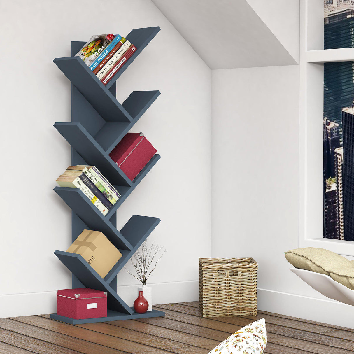 Bimossa W40 Hitit Tree Bookcase 128.5 cm - Modern Wooden Bookshelf/Tall Freestanding Book Shelf with Multi-Compartment Storage, Decorative Tree Bookshelf for Living Room, Office or Bedroom