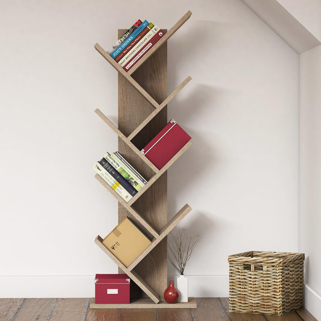 Bimossa W40 Hitit Tree Bookcase 128.5 cm - Modern Wooden Bookshelf/Tall Freestanding Book Shelf with Multi-Compartment Storage, Decorative Tree Bookshelf for Living Room, Office or Bedroom