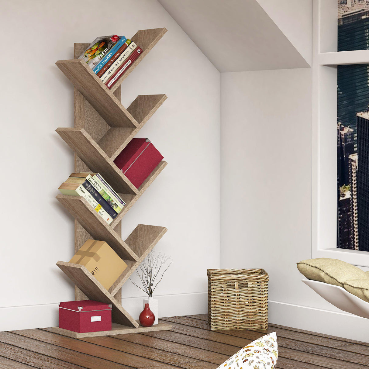 Bimossa W40 Hitit Tree Bookcase 128.5 cm - Modern Wooden Bookshelf/Tall Freestanding Book Shelf with Multi-Compartment Storage, Decorative Tree Bookshelf for Living Room, Office or Bedroom