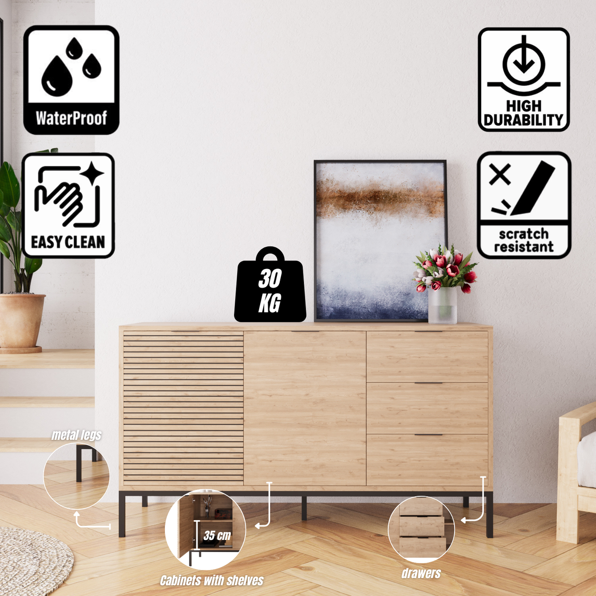 Bimossa H0660 Alya Fluted Sideboard Cabinet 140 cm – Modern Storage Sideboard with 3 Drawers & 2 Doors, Oak Effect Sideboard Cupboard with Black Metal Legs for Living Room, Dining Room or Hallway