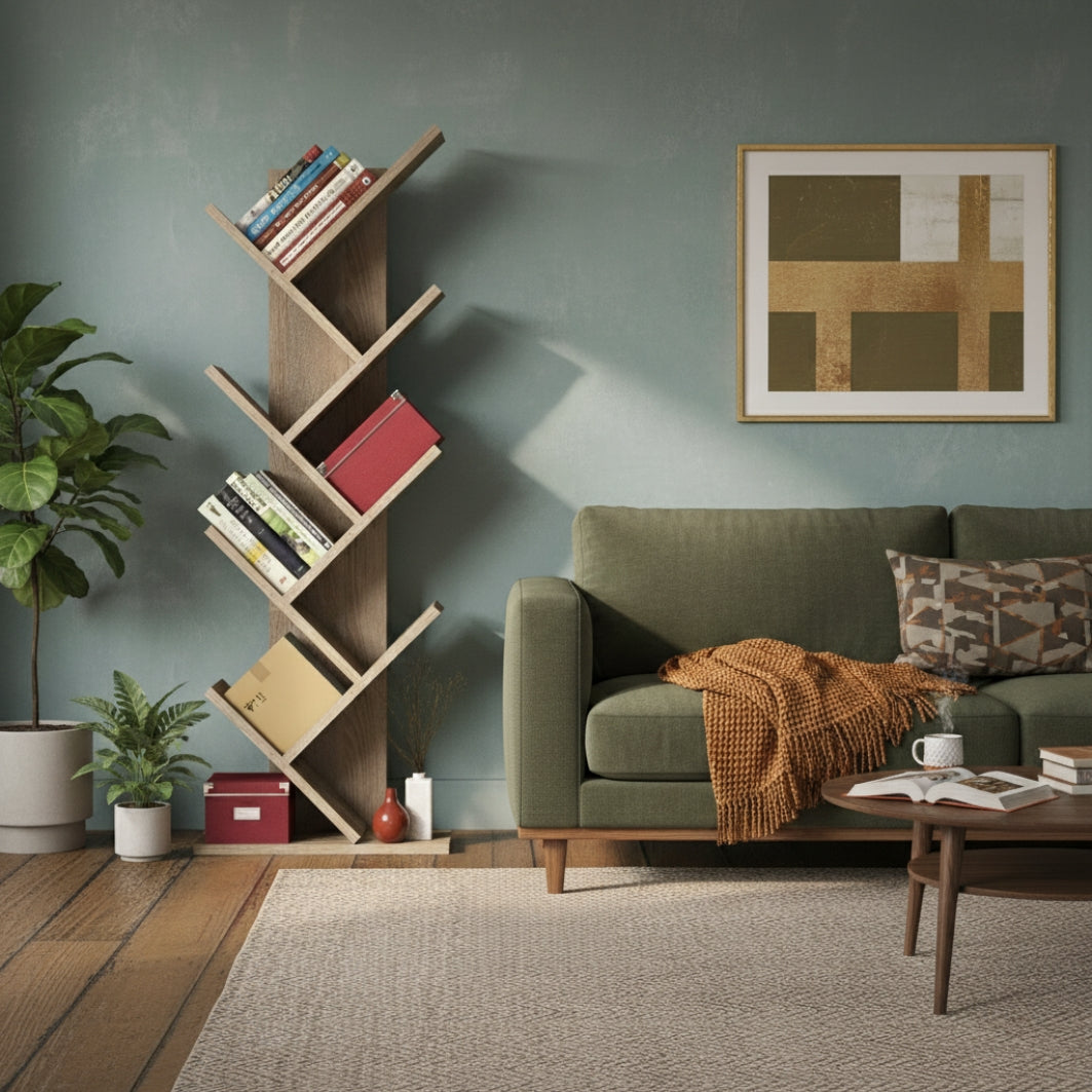 Bimossa W40 Hitit Tree Bookcase 128.5 cm - Modern Wooden Bookshelf/Tall Freestanding Book Shelf with Multi-Compartment Storage, Decorative Tree Bookshelf for Living Room, Office or Bedroom