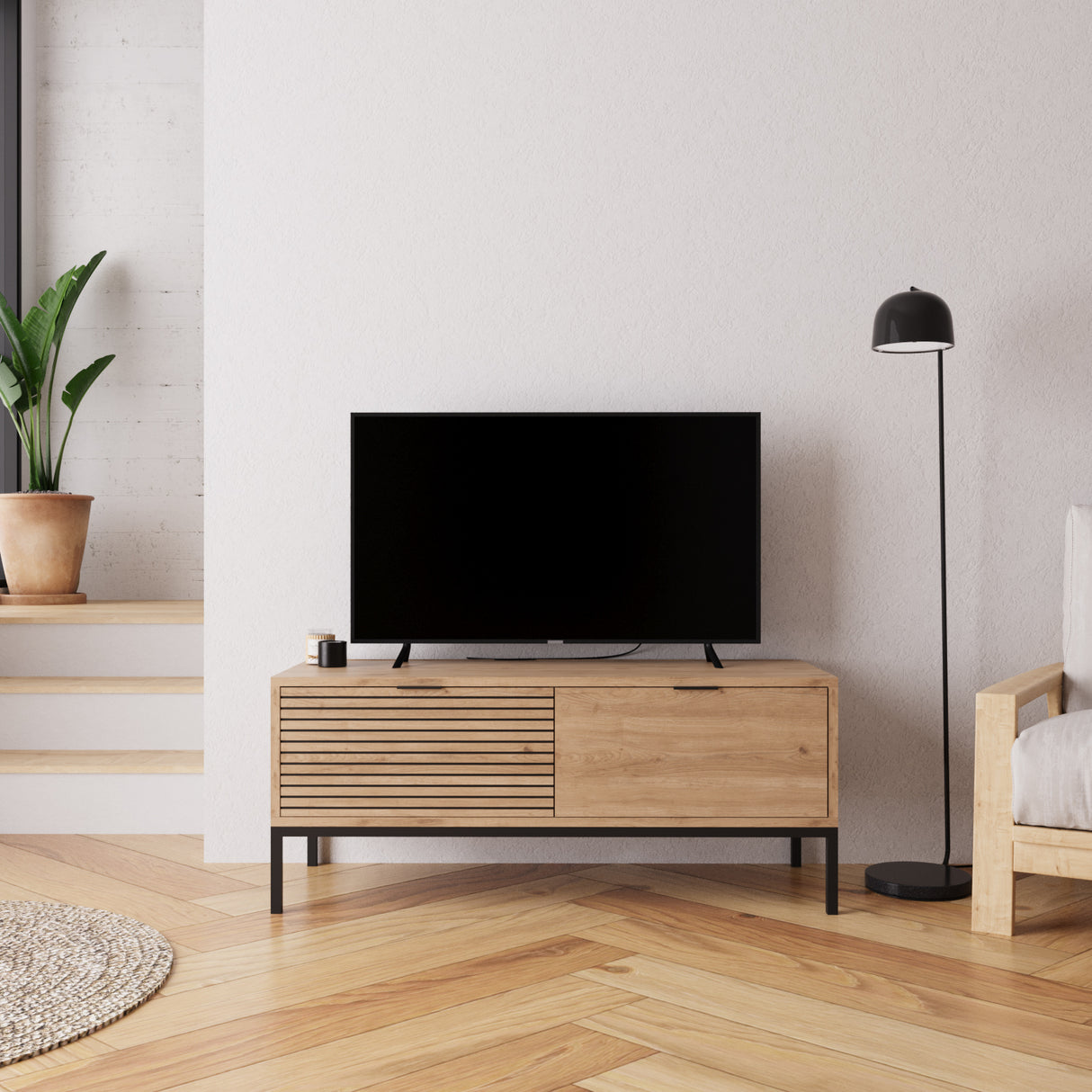 Bimossa B0060 Alya Oak Effect TV Unit 120 cm – Modern Wooden TV Unit with 2 Door Storage, Long TV Stand Cabinet for Living Room TVs up to 48"