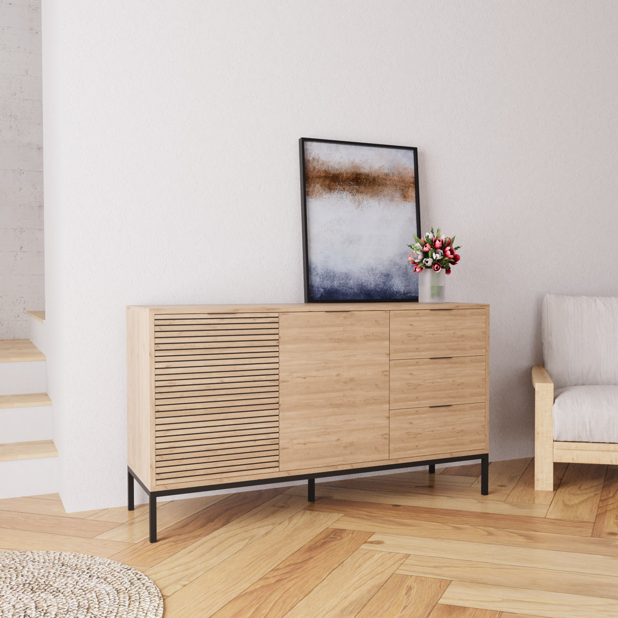 Bimossa H0660 Alya Fluted Sideboard Cabinet 140 cm – Modern Storage Sideboard with 3 Drawers & 2 Doors, Oak Effect Sideboard Cupboard with Black Metal Legs for Living Room, Dining Room or Hallway