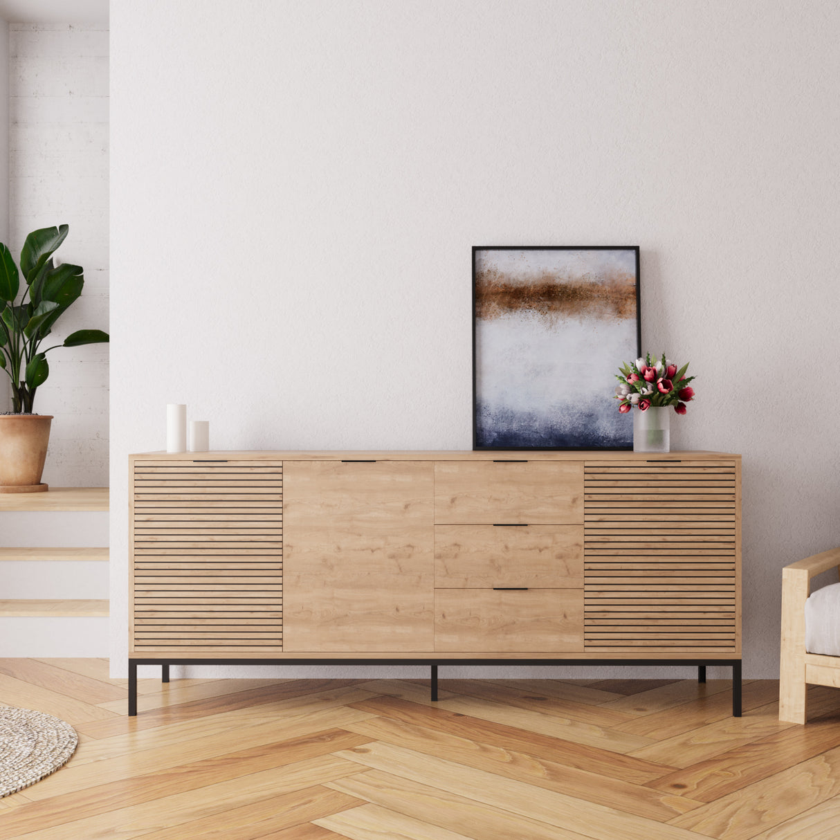 Bimossa H0060 Alya Fluted Sideboard Cabinet 180 cm – Modern Storage Sideboard with 3 Drawers & 3 Doors, Oak Effect Sideboard Cupboard with Black Metal Legs for Living Room, Dining Room or Hallway