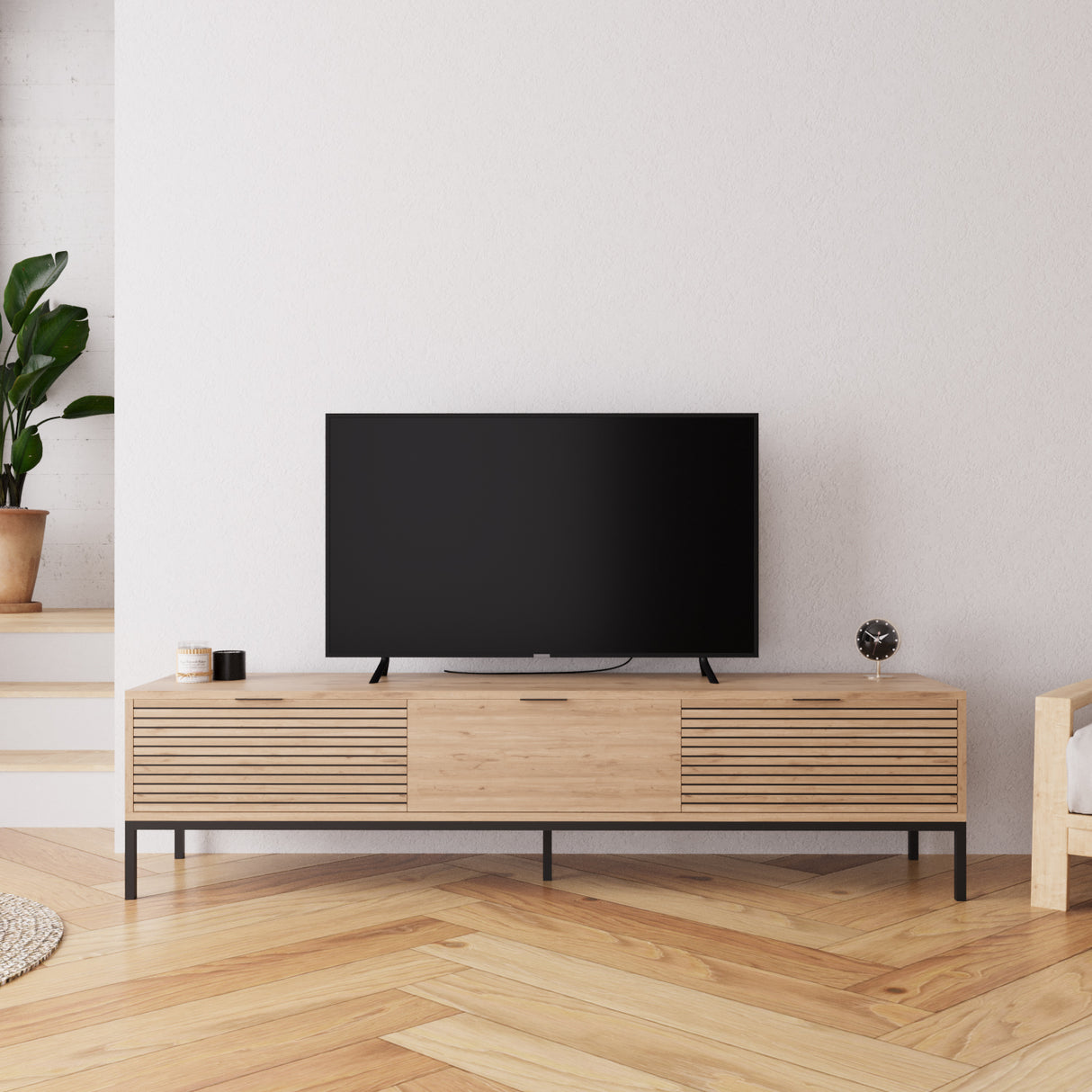 Bimossa E0060 Alya Oak Effect 180 cm TV Stand Modern Wooden TV Unit with 3 Door Storage, Long TV Stand Cabinet for Living Room TVs up to 65"