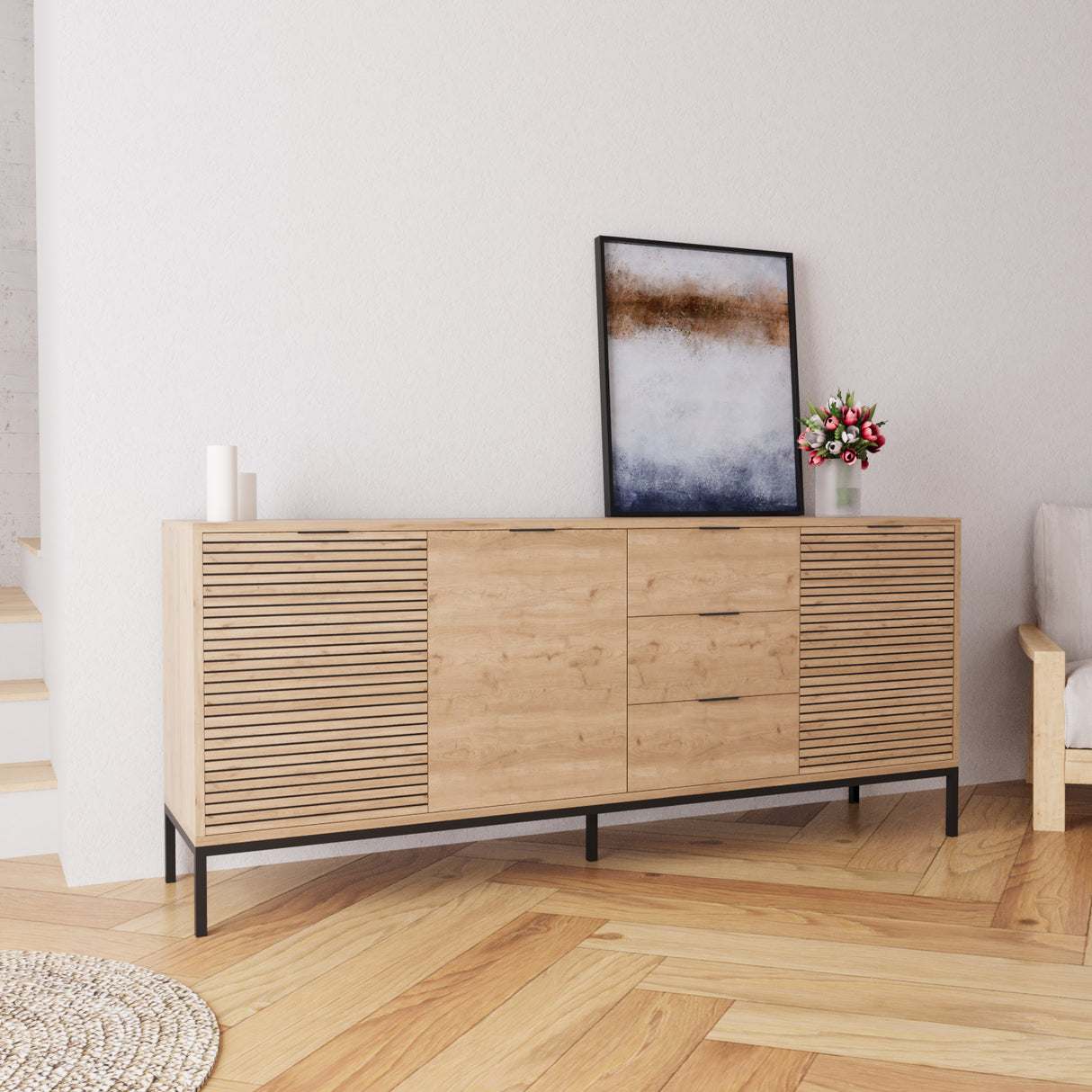 Bimossa H0060 Alya Fluted Sideboard Cabinet 180 cm – Modern Storage Sideboard with 3 Drawers & 3 Doors, Oak Effect Sideboard Cupboard with Black Metal Legs for Living Room, Dining Room or Hallway