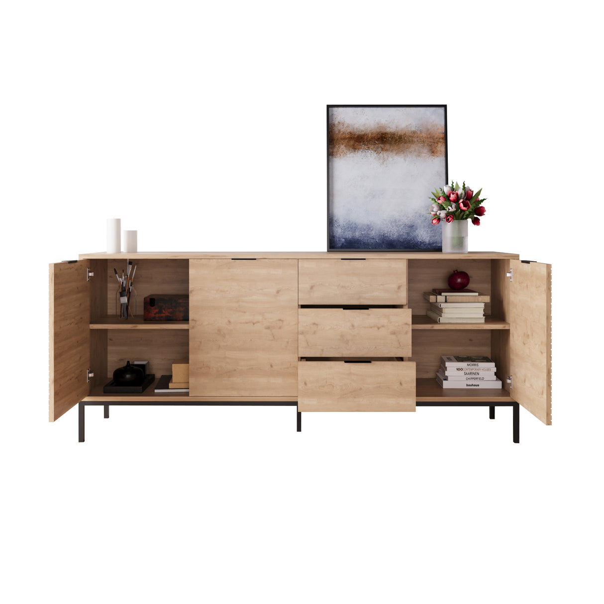 Bimossa H0060 Alya Fluted Sideboard Cabinet 180 cm – Modern Storage Sideboard with 3 Drawers & 3 Doors, Oak Effect Sideboard Cupboard with Black Metal Legs for Living Room, Dining Room or Hallway