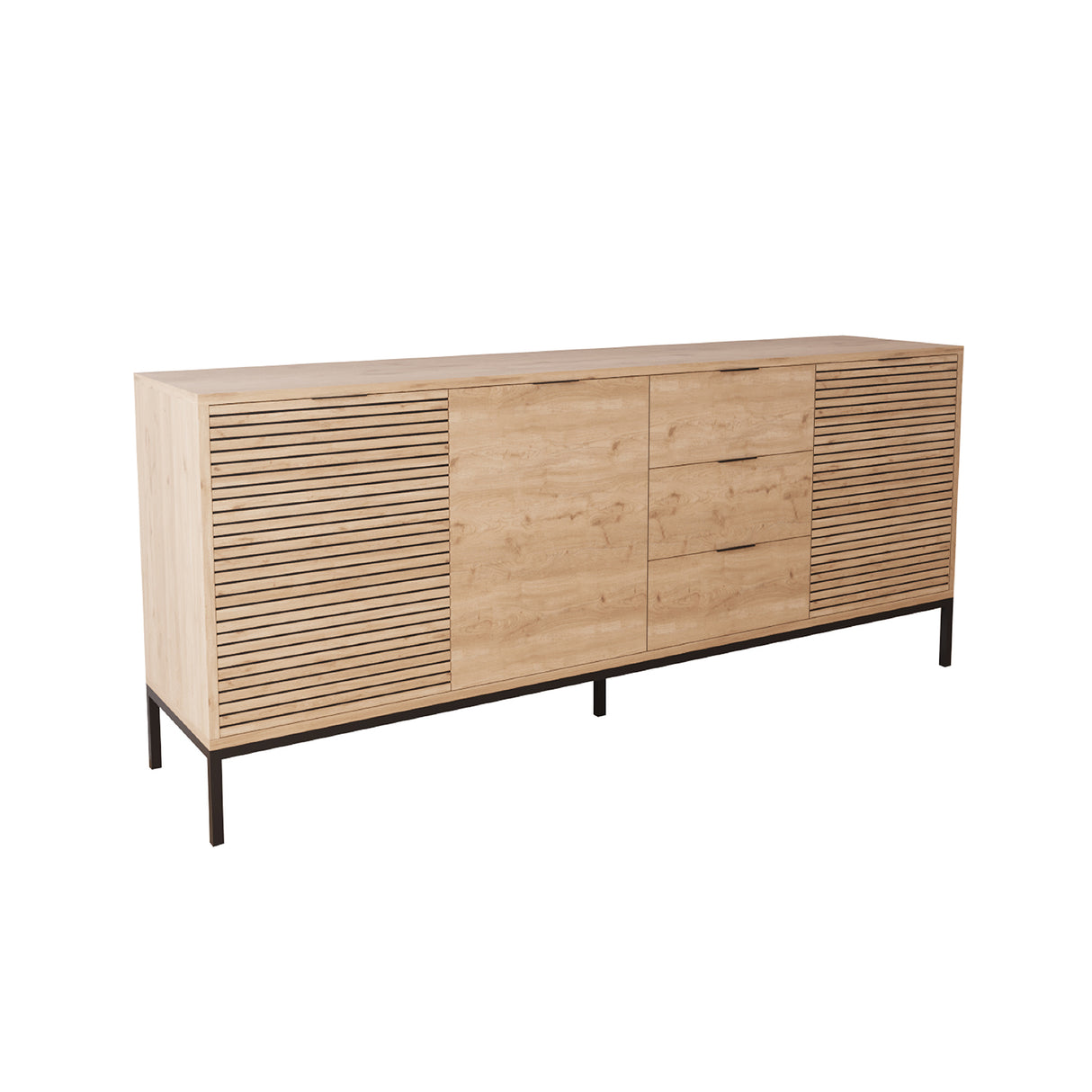 Bimossa H0060 Alya Fluted Sideboard Cabinet 180 cm – Modern Storage Sideboard with 3 Drawers & 3 Doors, Oak Effect Sideboard Cupboard with Black Metal Legs for Living Room, Dining Room or Hallway