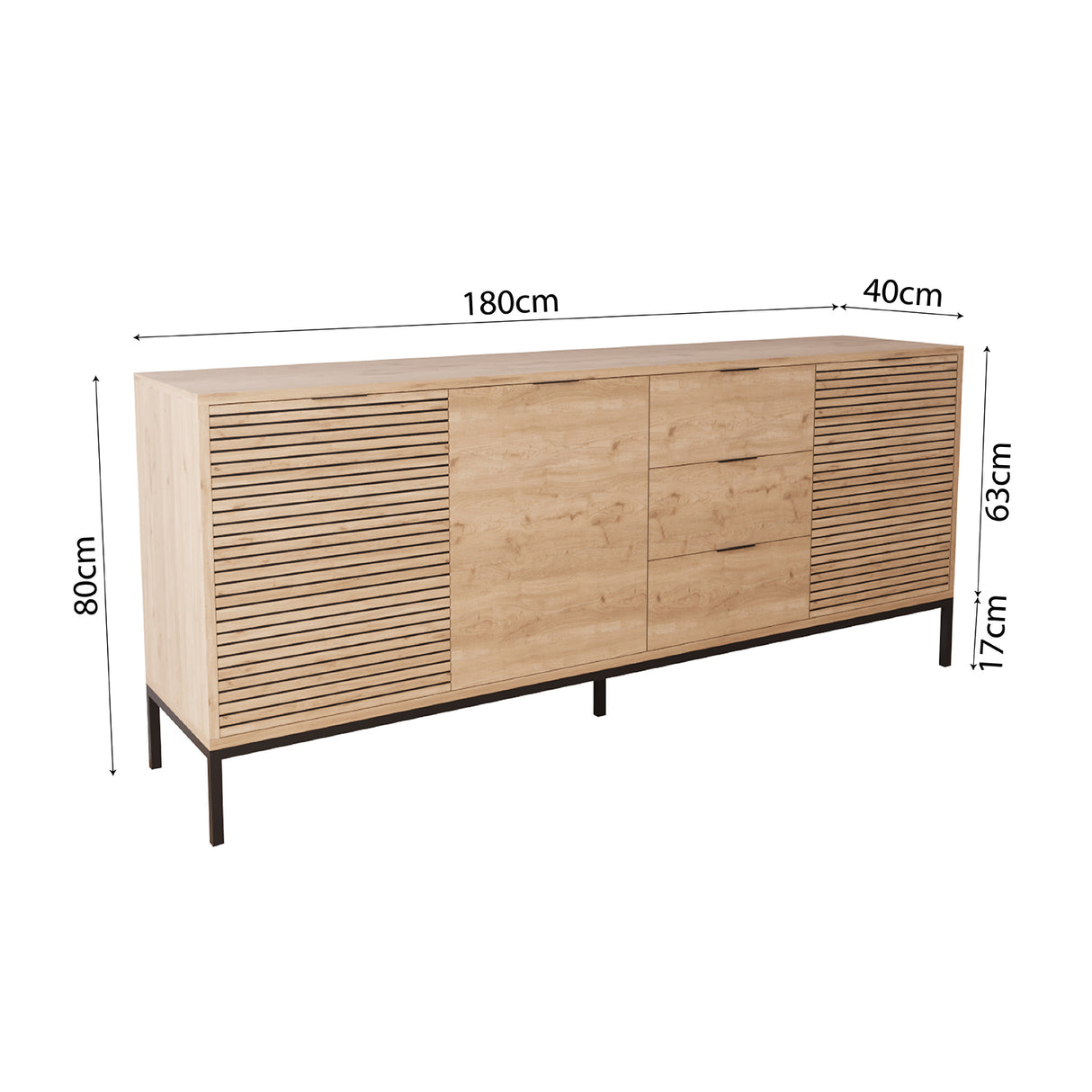 Bimossa H0060 Alya Fluted Sideboard Cabinet 180 cm – Modern Storage Sideboard with 3 Drawers & 3 Doors, Oak Effect Sideboard Cupboard with Black Metal Legs for Living Room, Dining Room or Hallway