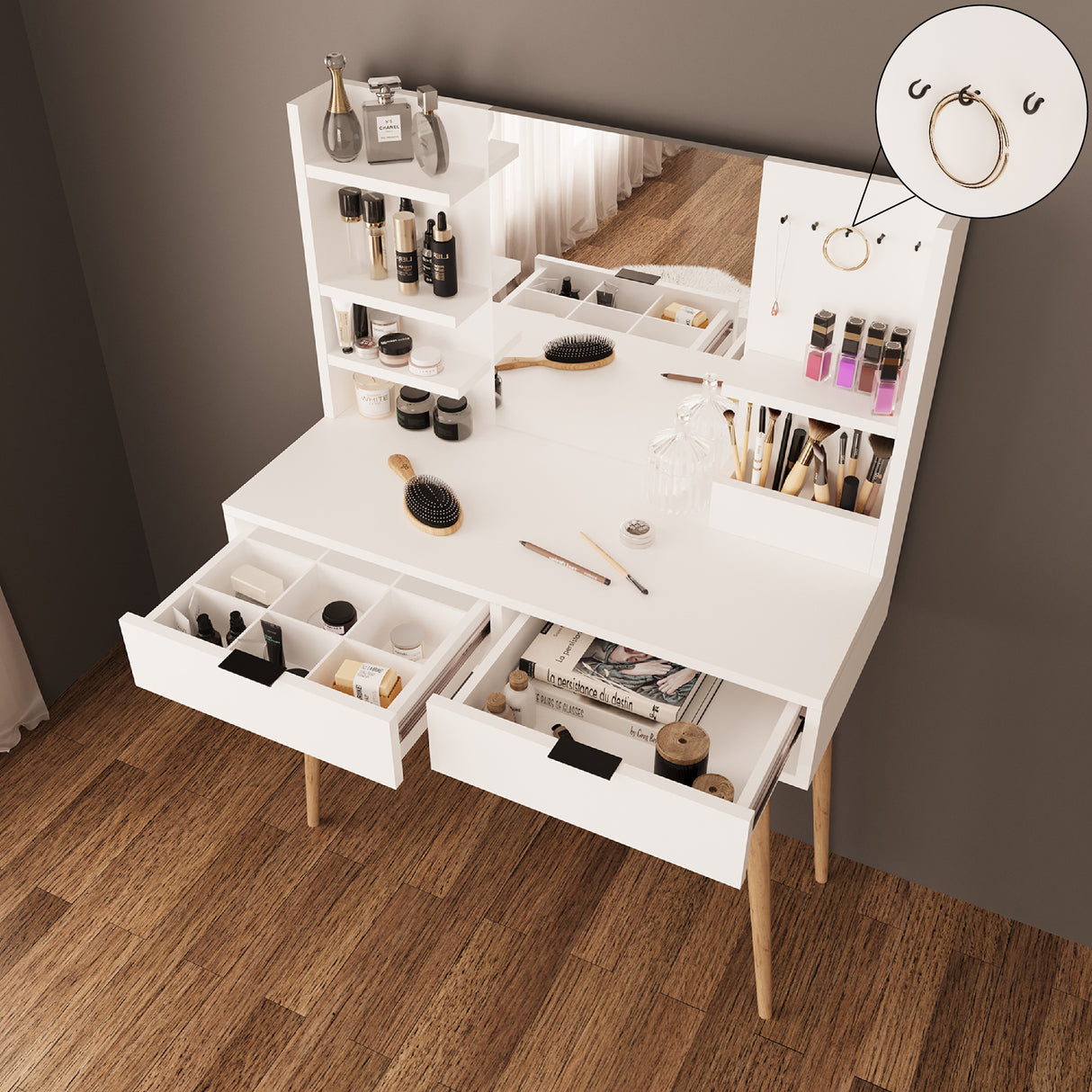 Bimossa A40 Bella Vanity Dressing Table with Mirror and Shelves, 2 Drawer Makeup Vanity Desk with Storage, Modern Vanity Table with Wooden Legs, Compact Dressing Table Set for Bedroom Area