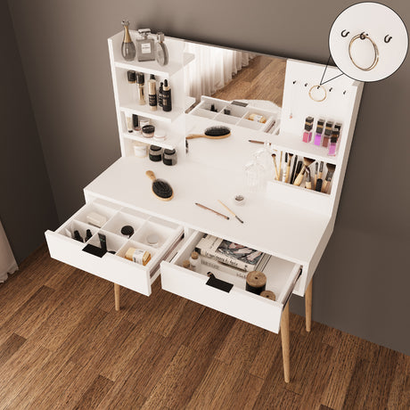 Bimossa A40 Bella Vanity Dressing Table with Mirror and Shelves, 2 Drawer Makeup Vanity Desk with Storage, Modern Vanity Table with Wooden Legs, Compact Dressing Table Set for Bedroom Area