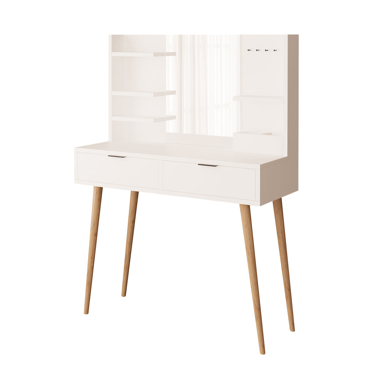 Bimossa A40 Bella Vanity Dressing Table with Mirror and Shelves, 2 Drawer Makeup Vanity Desk with Storage, Modern Vanity Table with Wooden Legs, Compact Dressing Table Set for Bedroom Area