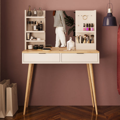 Bimossa A40 Bella Vanity Dressing Table with Mirror and Shelves, 2 Drawer Makeup Vanity Desk with Storage, Modern Vanity Table with Wooden Legs, Compact Dressing Table Set for Bedroom Area