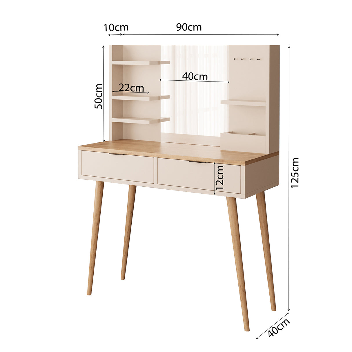 Bimossa A40 Bella Vanity Dressing Table with Mirror and Shelves, 2 Drawer Makeup Vanity Desk with Storage, Modern Vanity Table with Wooden Legs, Compact Dressing Table Set for Bedroom Area