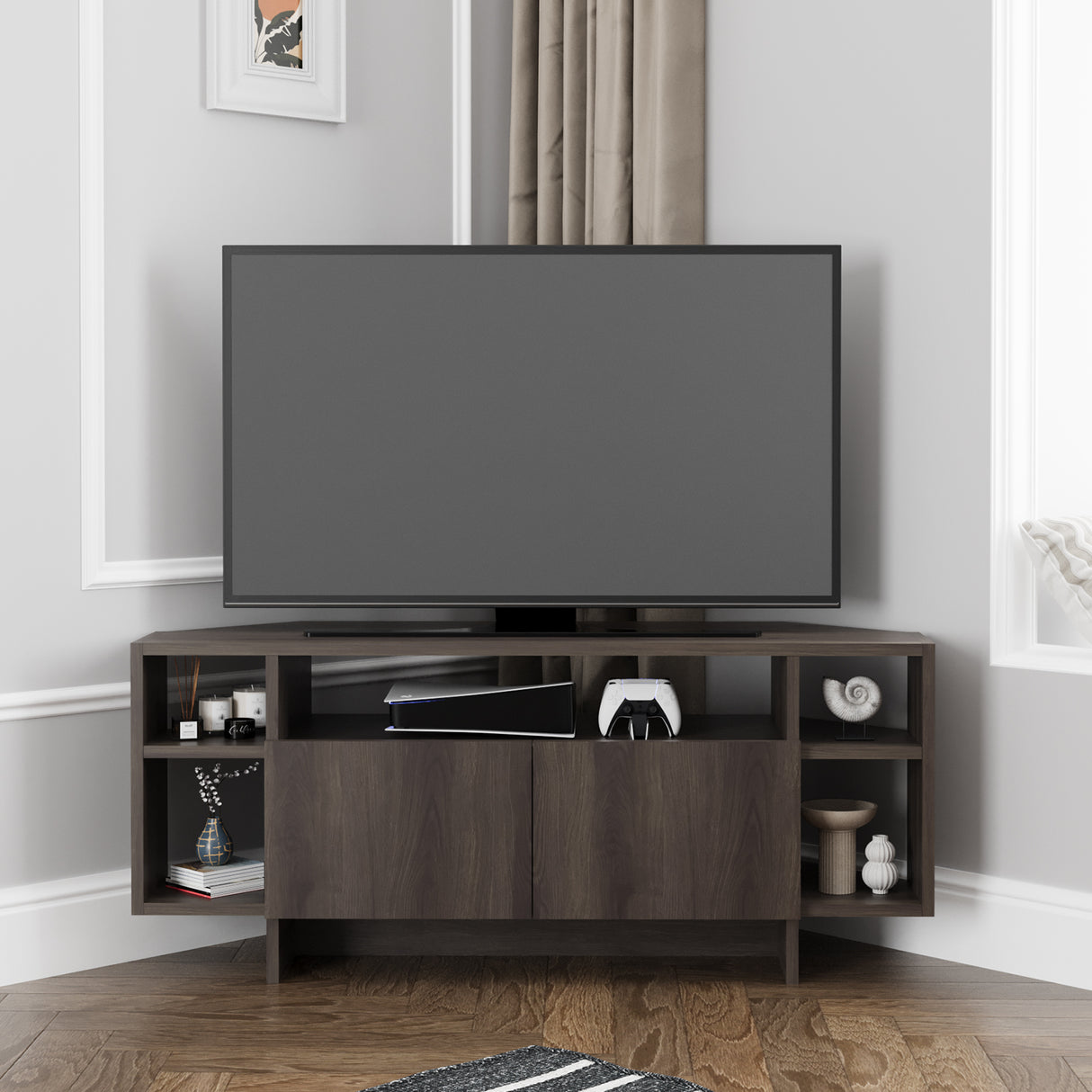 Bimossa B16 Era Corner TV Unit with Storage for up to 50 Inch TV - Modern TV Stand Cabinet with 5 Shelves, Space Saving Corner Media Console for Living Room Entertainment Centre, 6 Colour Options