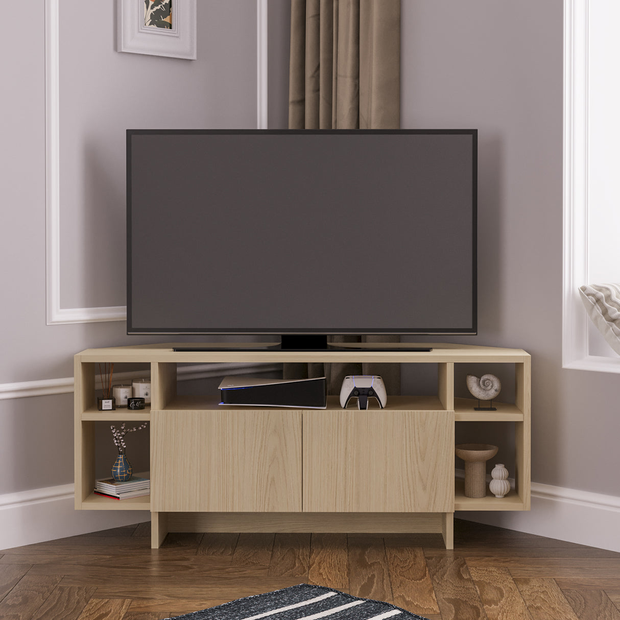 Bimossa B16 Era Corner TV Unit with Storage for up to 50 Inch TV - Modern TV Stand Cabinet with 5 Shelves, Space Saving Corner Media Console for Living Room Entertainment Centre, 6 Colour Options
