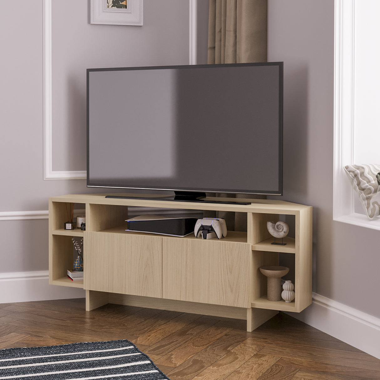 Bimossa B16 Era Corner TV Unit with Storage for up to 50 Inch TV - Modern TV Stand Cabinet with 5 Shelves, Space Saving Corner Media Console for Living Room Entertainment Centre, 6 Colour Options