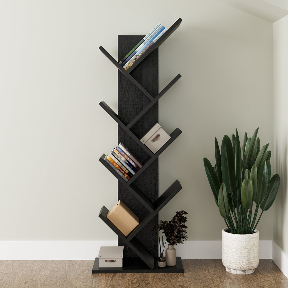 Bimossa W40 Hitit Tree Bookcase 128.5 cm - Modern Wooden Bookshelf/Tall Freestanding Book Shelf with Multi-Compartment Storage, Decorative Tree Bookshelf for Living Room, Office or Bedroom