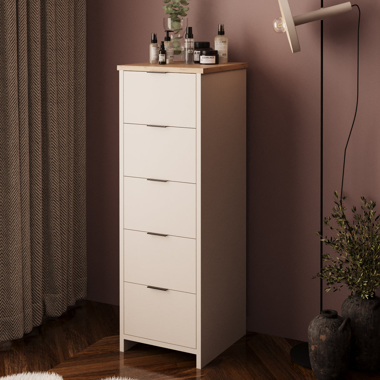 Bimossa N10 Laura Tall Hallway Cabinet with 5 Drawers - Wooden Hallway Storage Cabinet/Entryway Storage Unit, Slim Freestanding Storage Cabinet, Living Room or Bedroom