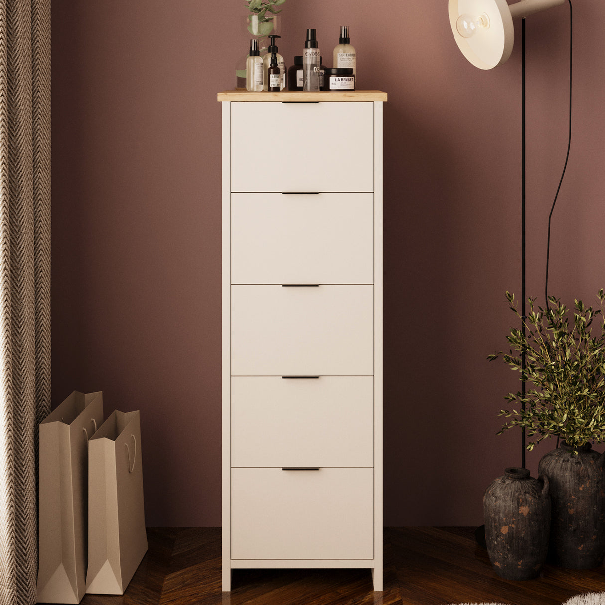 Bimossa N10 Laura Tall Hallway Cabinet with 5 Drawers - Wooden Hallway Storage Cabinet/Entryway Storage Unit, Slim Freestanding Storage Cabinet, Living Room or Bedroom