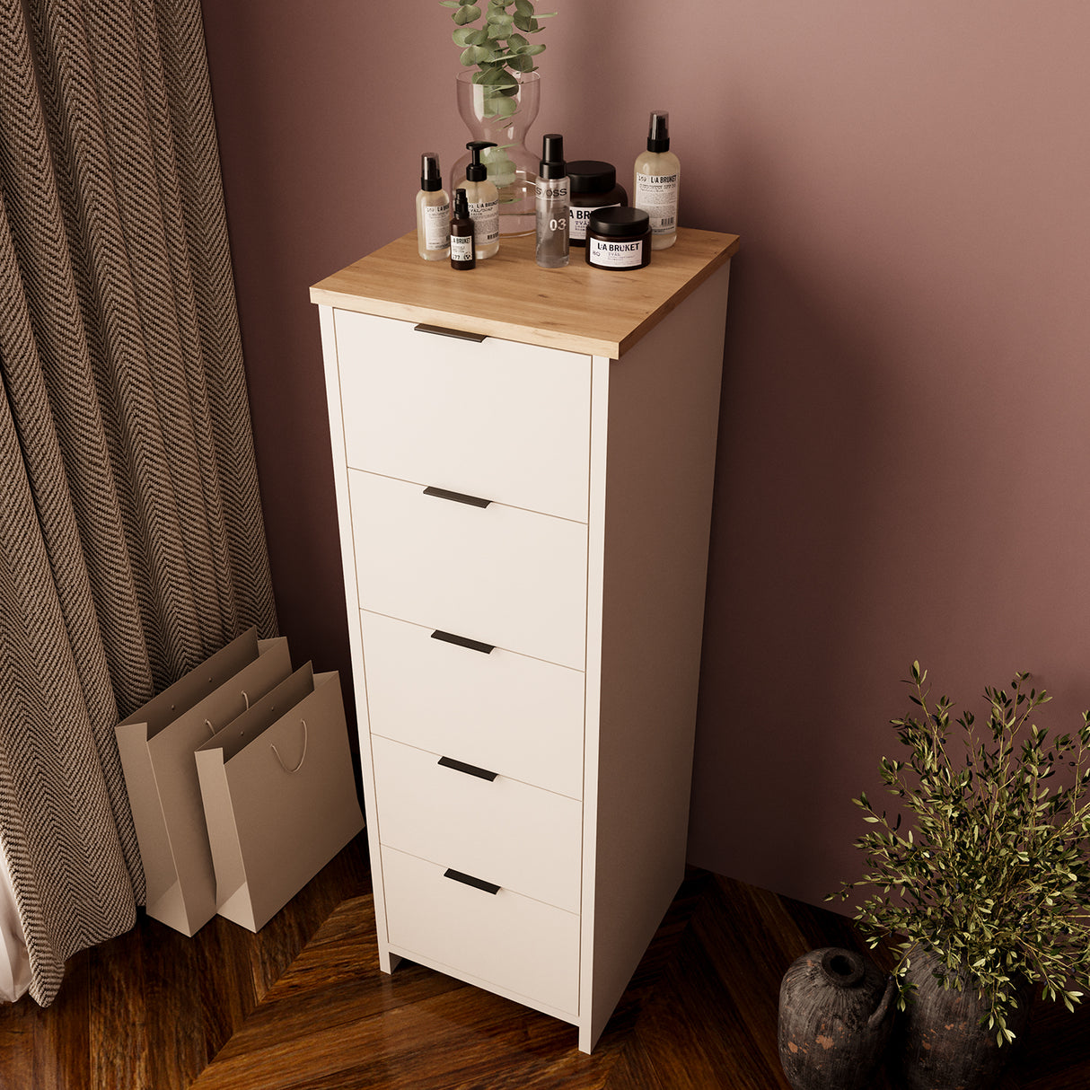 Bimossa N10 Laura Tall Hallway Cabinet with 5 Drawers - Wooden Hallway Storage Cabinet/Entryway Storage Unit, Slim Freestanding Storage Cabinet, Living Room or Bedroom