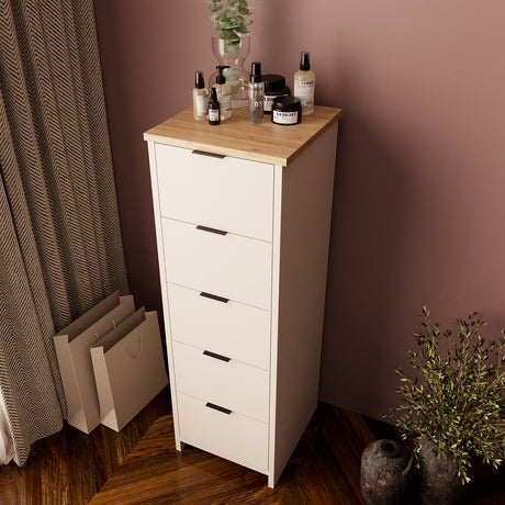 Bimossa N10 Laura Tall Hallway Cabinet with 5 Drawers - Wooden Hallway Storage Cabinet/Entryway Storage Unit, Slim Freestanding Storage Cabinet, Living Room or Bedroom