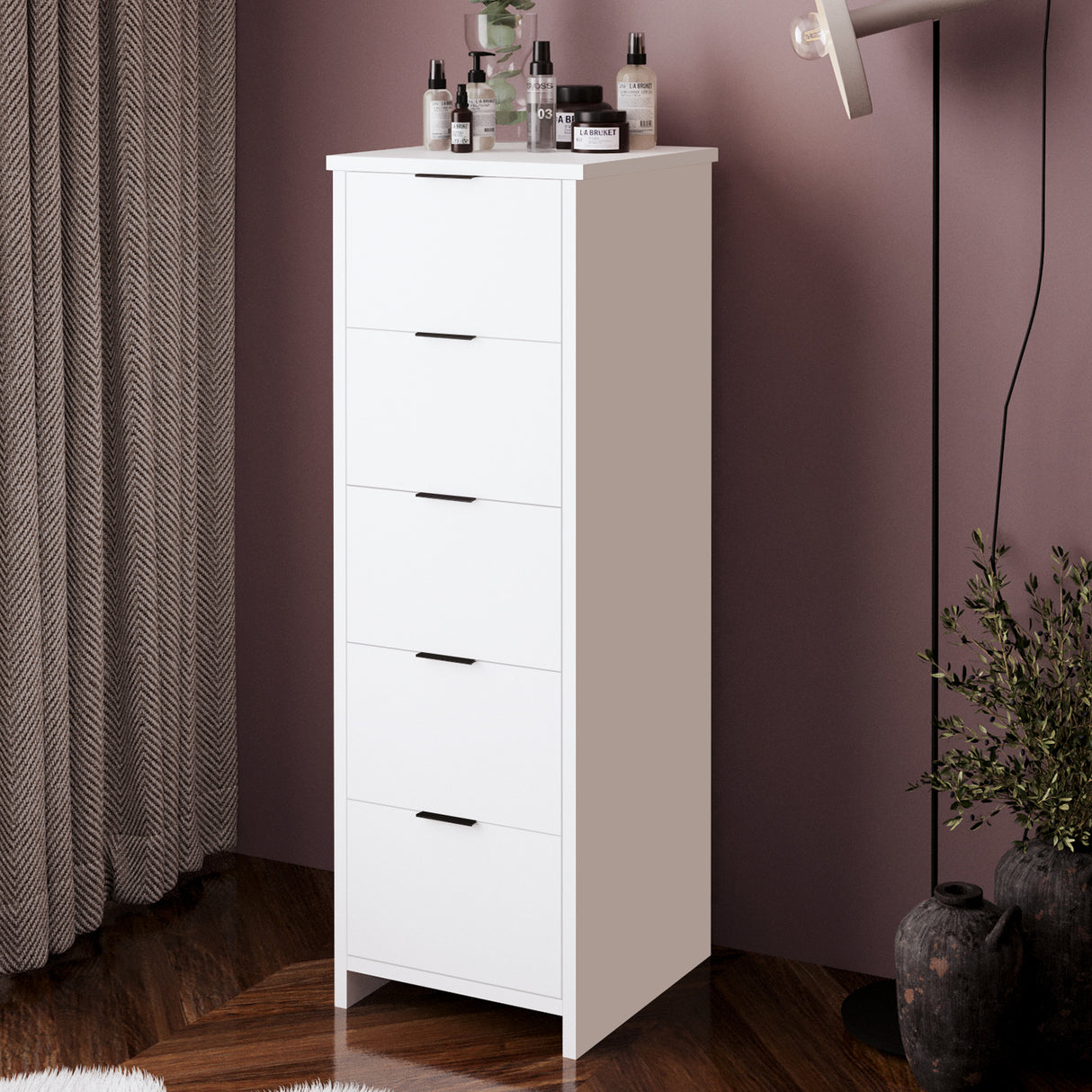 Bimossa N10 Laura Tall Hallway Cabinet with 5 Drawers - Wooden Hallway Storage Cabinet/Entryway Storage Unit, Slim Freestanding Storage Cabinet, Living Room or Bedroom