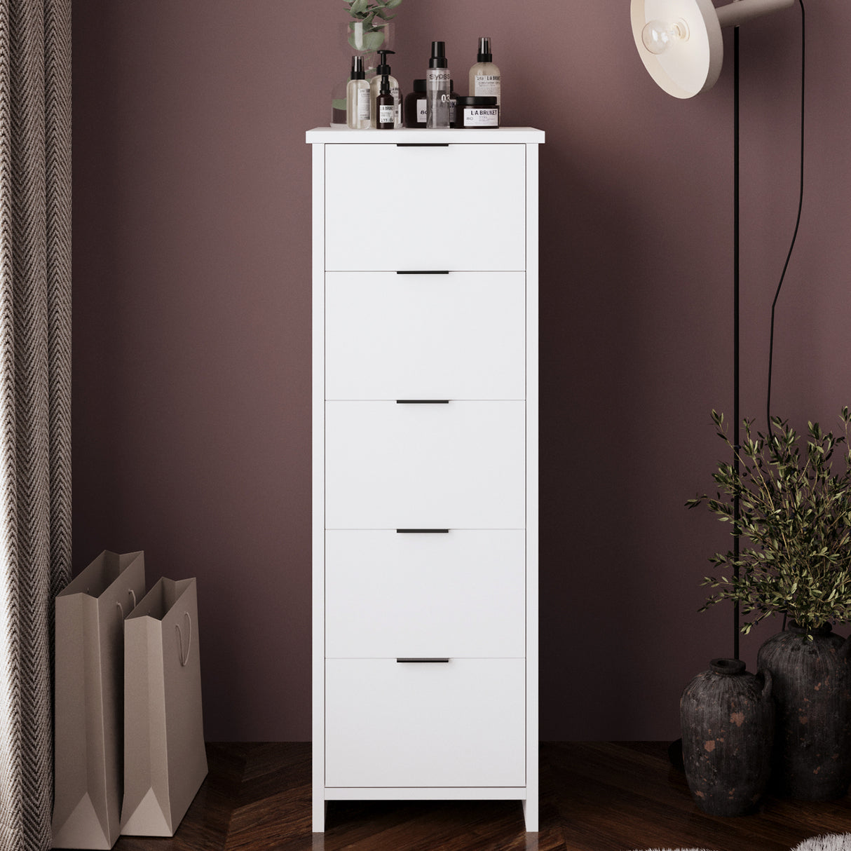 Bimossa N10 Laura Tall Hallway Cabinet with 5 Drawers - Wooden Hallway Storage Cabinet/Entryway Storage Unit, Slim Freestanding Storage Cabinet, Living Room or Bedroom