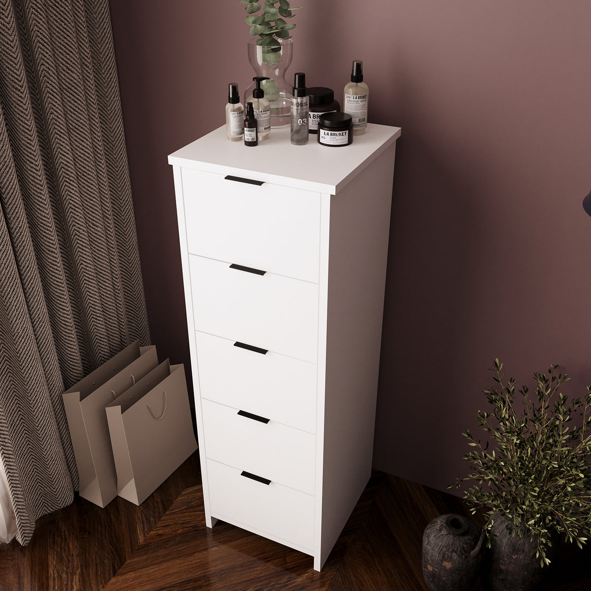 Bimossa N10 Laura Tall Hallway Cabinet with 5 Drawers - Wooden Hallway Storage Cabinet/Entryway Storage Unit, Slim Freestanding Storage Cabinet, Living Room or Bedroom
