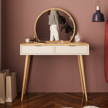 Bimossa A10 Lucy Vanity Dressing Table with Round Fixed Mirror & Stool, Makeup Vanity Desk with 2 Drawers, Modern Wooden Legs Makeup Table for Bedroom, Compact Dressing Table Set for Small Spaces