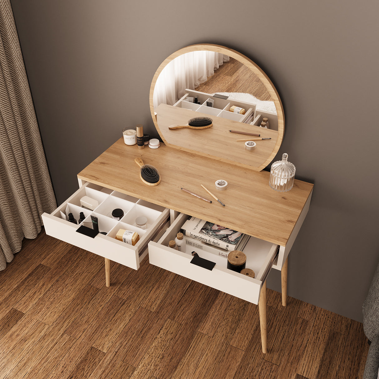 Bimossa A10 Lucy Vanity Dressing Table with Round Fixed Mirror & Stool, Makeup Vanity Desk with 2 Drawers, Modern Wooden Legs Makeup Table for Bedroom, Compact Dressing Table Set for Small Spaces