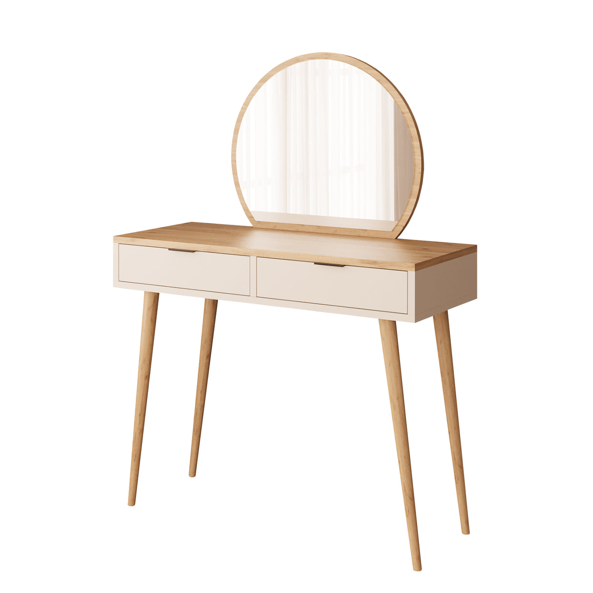 Bimossa A10 Lucy Vanity Dressing Table with Round Fixed Mirror & Stool, Makeup Vanity Desk with 2 Drawers, Modern Wooden Legs Makeup Table for Bedroom, Compact Dressing Table Set for Small Spaces
