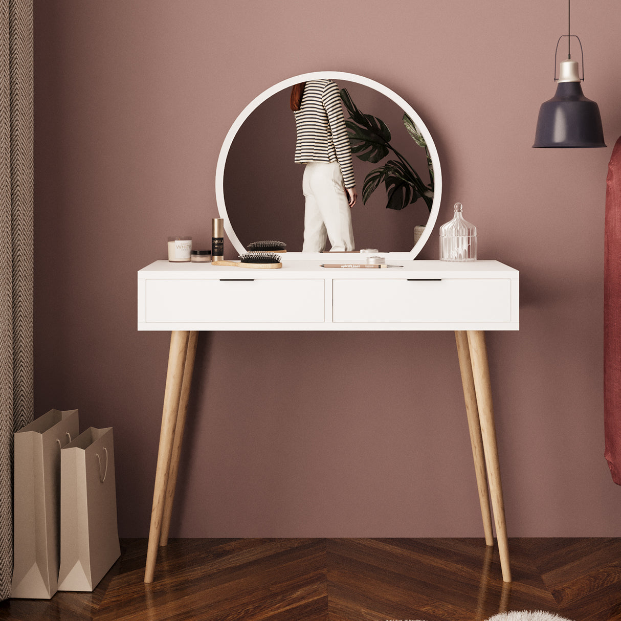 Bimossa A10 Lucy Vanity Dressing Table with Round Fixed Mirror & Stool, Makeup Vanity Desk with 2 Drawers, Modern Wooden Legs Makeup Table for Bedroom, Compact Dressing Table Set for Small Spaces