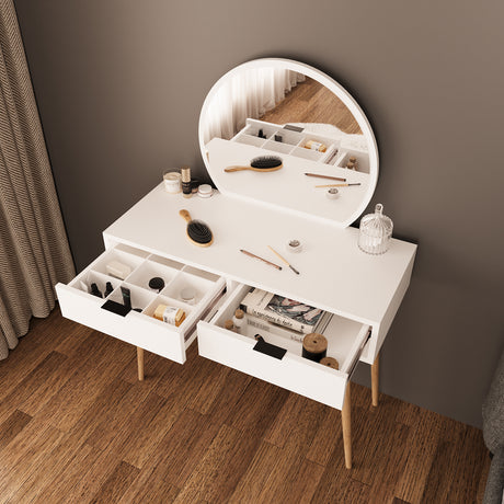 Bimossa A10 Lucy Vanity Dressing Table with Round Fixed Mirror & Stool, Makeup Vanity Desk with 2 Drawers, Modern Wooden Legs Makeup Table for Bedroom, Compact Dressing Table Set for Small Spaces