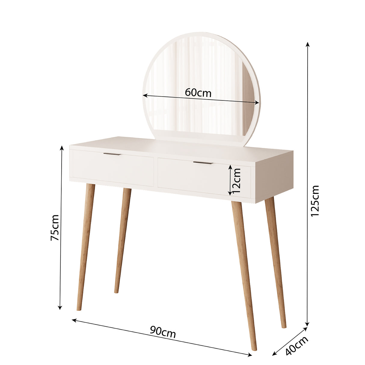 Bimossa A10 Lucy Vanity Dressing Table with Round Fixed Mirror & Stool, Makeup Vanity Desk with 2 Drawers, Modern Wooden Legs Makeup Table for Bedroom, Compact Dressing Table Set for Small Spaces