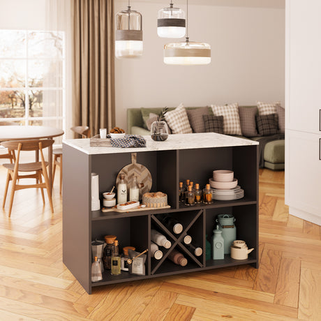 Bimossa L40 Monet Kitchen Island with Storage 127 cm - Island Table with Worktop, Wine Rack, Open Shelves & Cabinet, Modern Kitchen Prep Table/Breakfast Bar Island for Kitchen & Dining