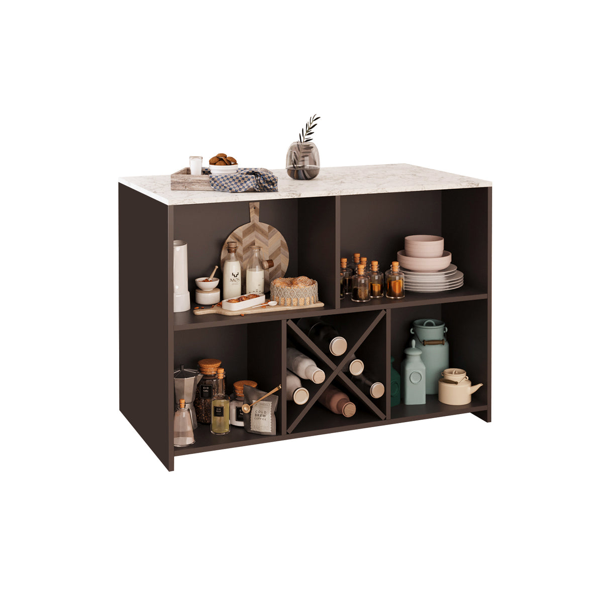 Bimossa L40 Monet Kitchen Island with Storage 127 cm - Island Table with Worktop, Wine Rack, Open Shelves & Cabinet, Modern Kitchen Prep Table/Breakfast Bar Island for Kitchen & Dining