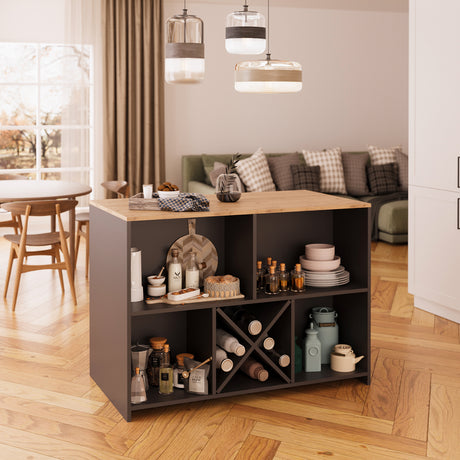 Bimossa L40 Monet Kitchen Island with Storage 127 cm - Island Table with Worktop, Wine Rack, Open Shelves & Cabinet, Modern Kitchen Prep Table/Breakfast Bar Island for Kitchen & Dining