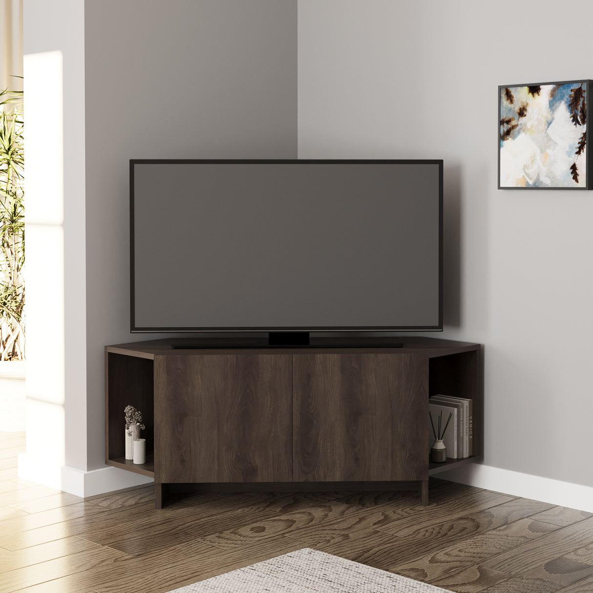 Bimossa B15 Ola Corner TV Unit for TVs up to 50 Inch, TV Stand with Storage Cabinet & Shelves, Space Saving Media Console for Living Room, Modern Corner Television Unit, 6 Colour Options